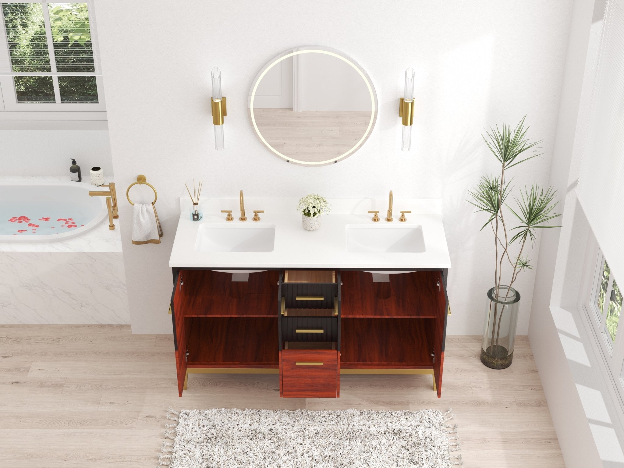 Chans Furniture GD-9822D-60 60 Inch Beatrice Mid-Century Trendy Modern Double Sink Bathroom Vanity