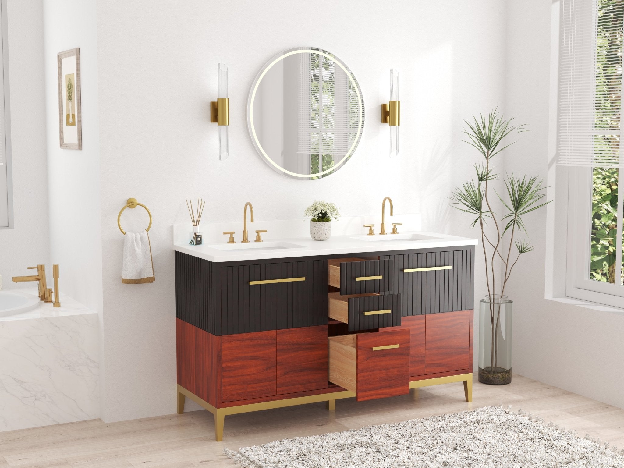 Chans Furniture GD-9822D-60 60 Inch Beatrice Mid-Century Trendy Modern Double Sink Bathroom Vanity