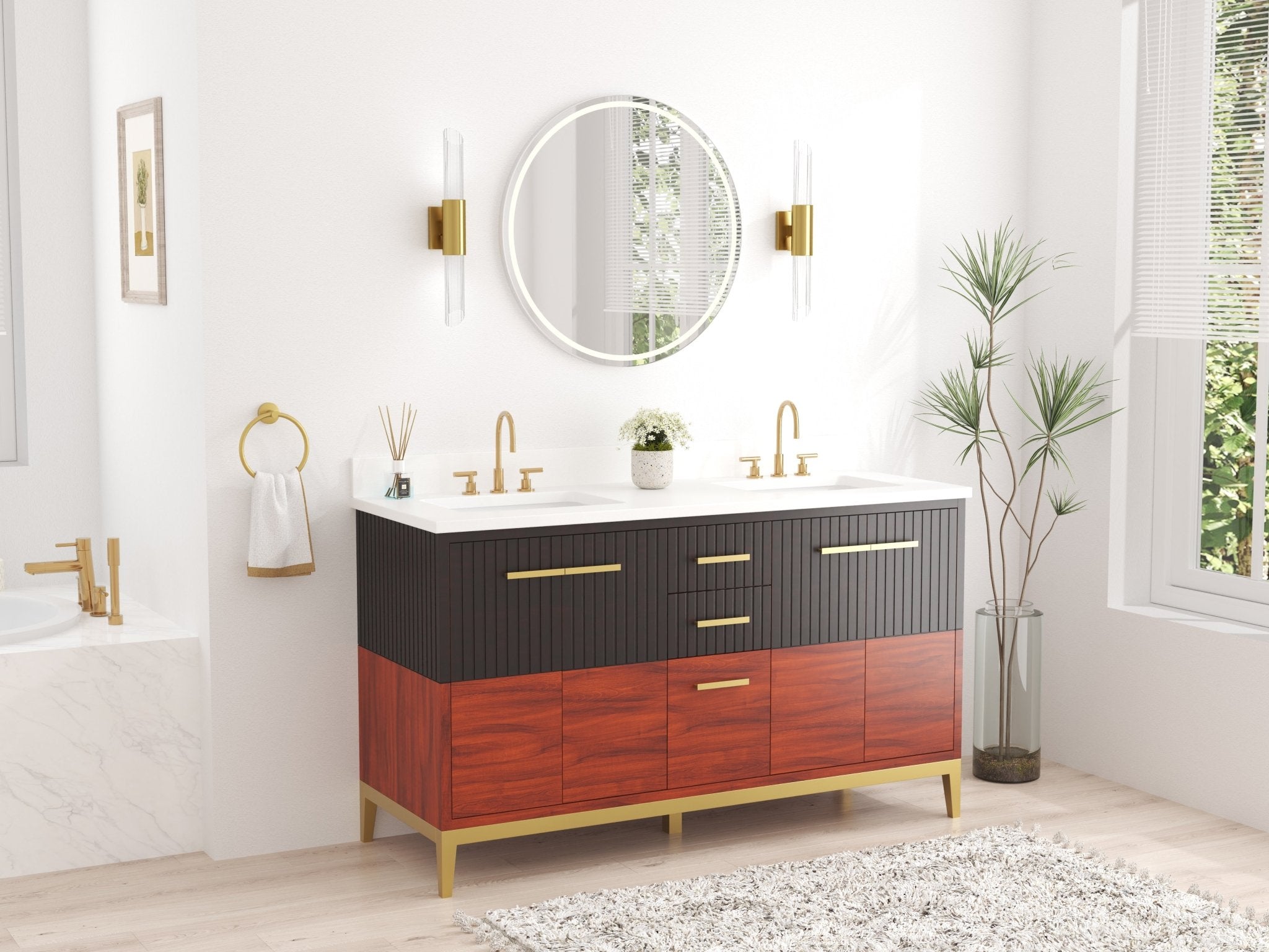 Chans Furniture GD-9822D-60 60 Inch Beatrice Mid-Century Trendy Modern Double Sink Bathroom Vanity