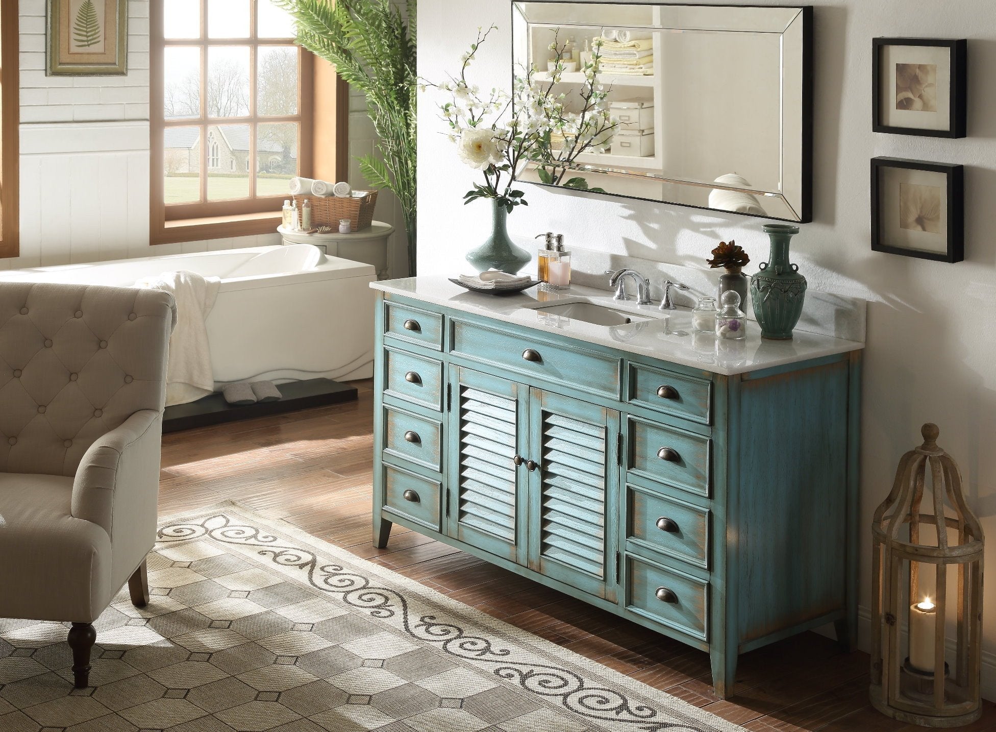Chans Furniture CF-66323BU-60 60 inch Abbeville Distressed Blue Single Sink Bathroom Vanity With Marble Top