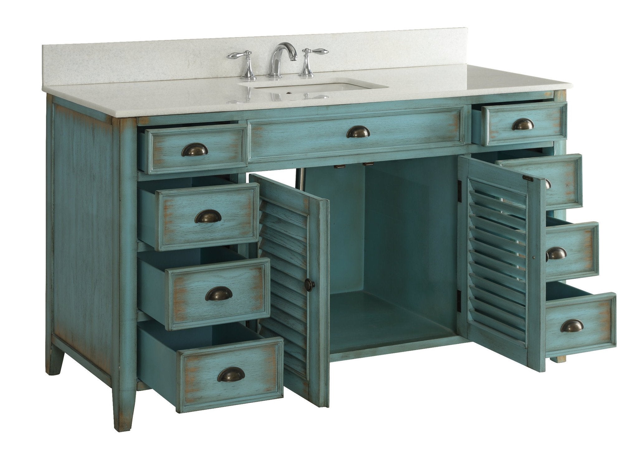 Chans Furniture CF-66323BU-60 60 inch Abbeville Distressed Blue Single Sink Bathroom Vanity With Marble Top