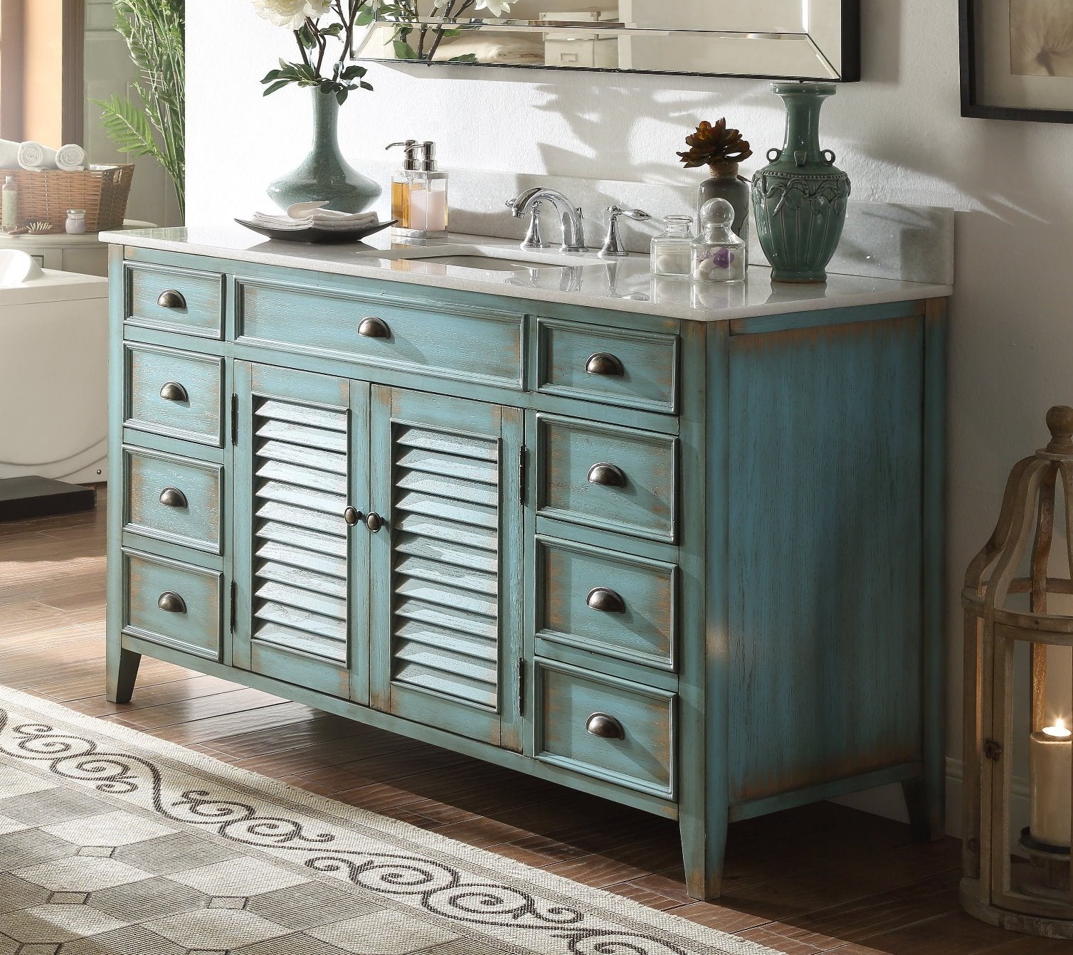 Chans Furniture CF-66323BU-60 60 inch Abbeville Distressed Blue Single Sink Bathroom Vanity With Marble Top