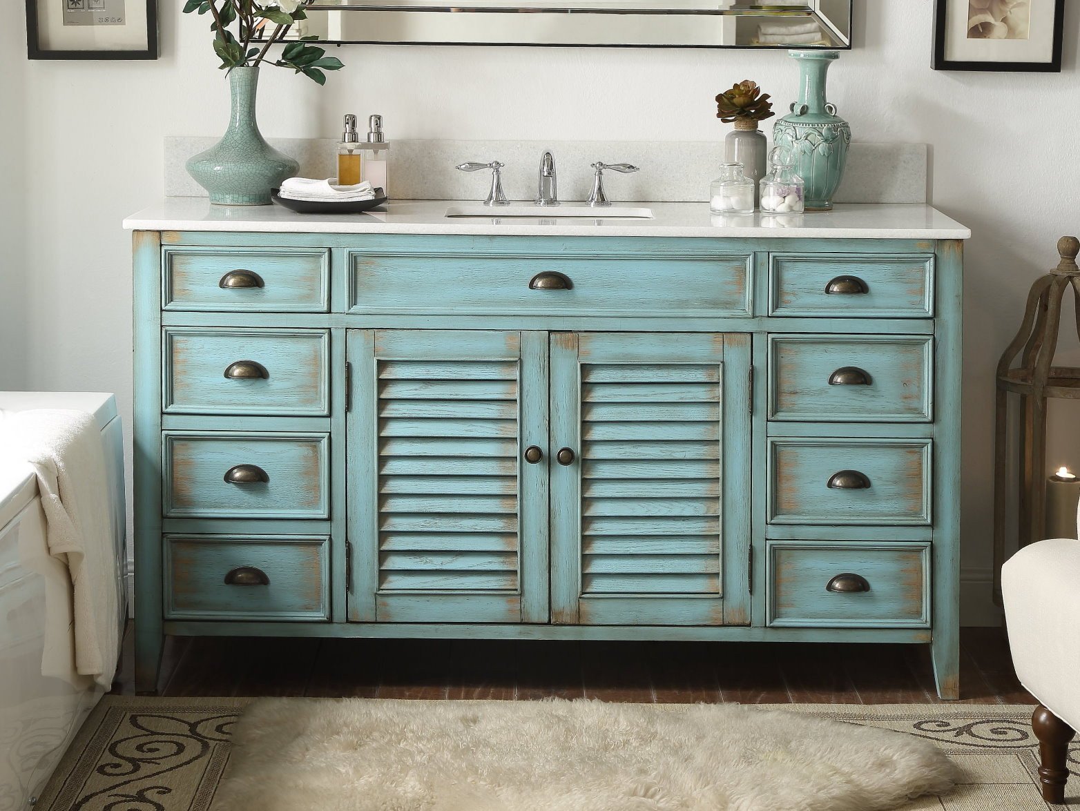 Chans Furniture CF-66323BU-60 60 inch Abbeville Distressed Blue Single Sink Bathroom Vanity With Marble Top