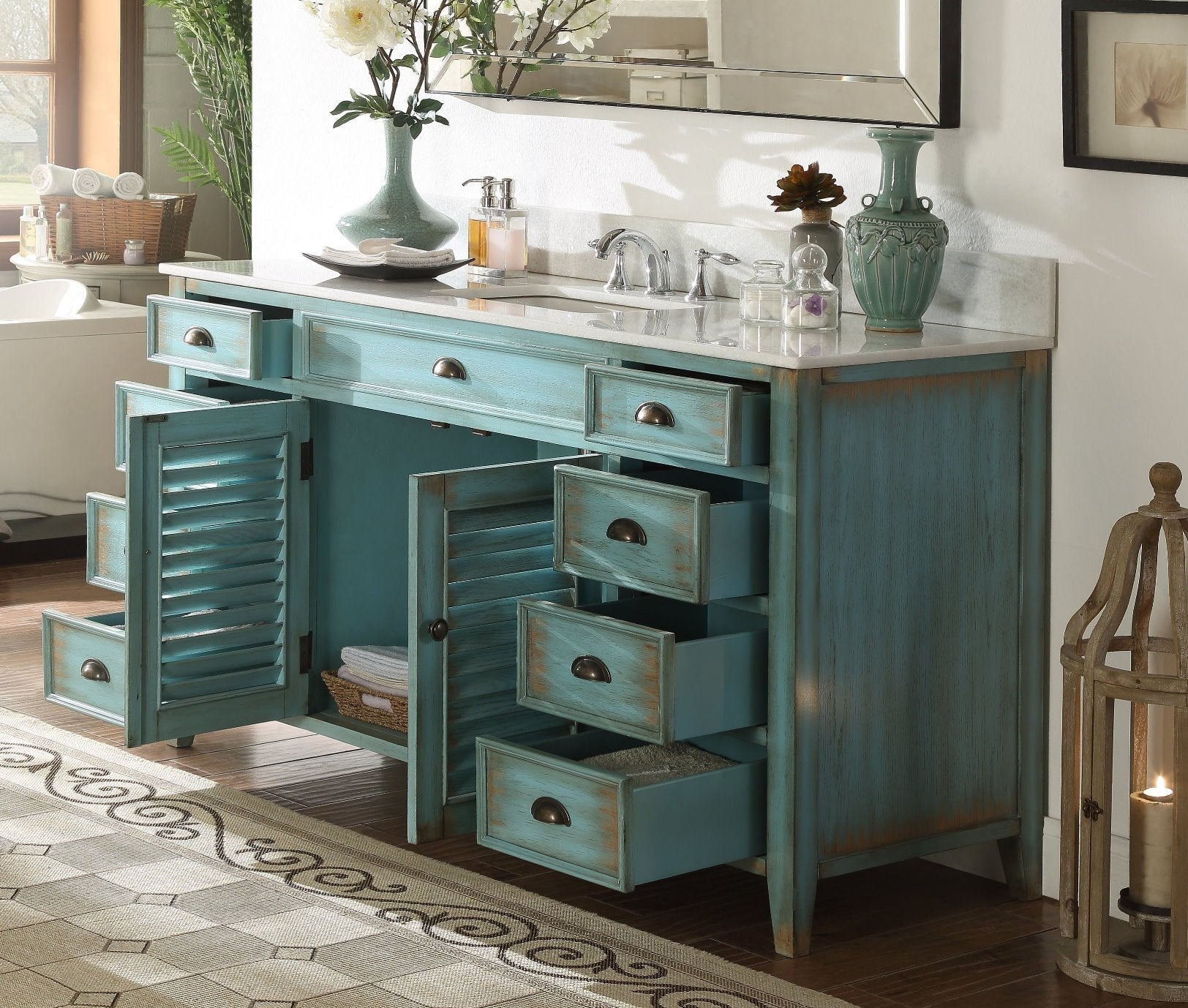 Chans Furniture CF-66323BU-60 60 inch Abbeville Distressed Blue Single Sink Bathroom Vanity With Marble Top