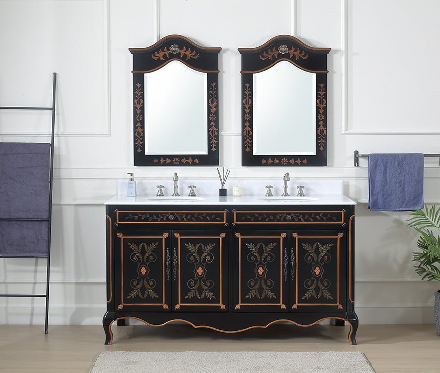 Chans Furniture HF-2326D-60 60 Inch Black Hand-Painted Floral Decoroso Double Sink Bathroom Vanity