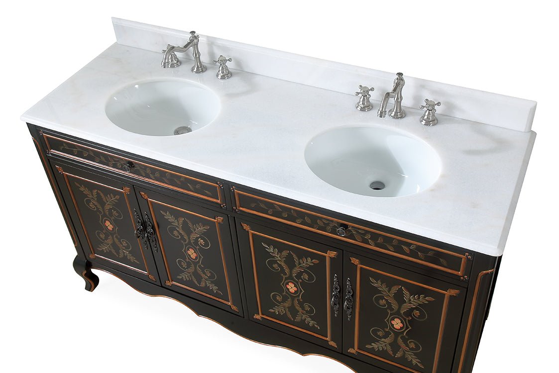 Chans Furniture HF-2326D-60 60 Inch Black Hand-Painted Floral Decoroso Double Sink Bathroom Vanity