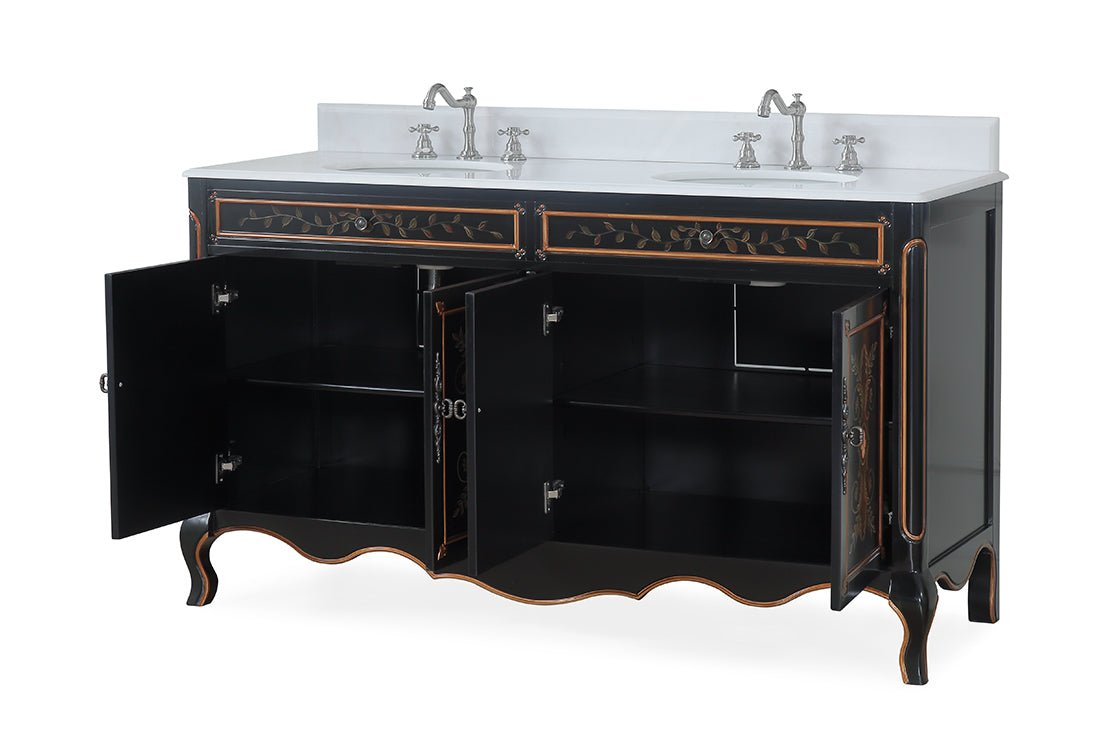 Chans Furniture HF-2326D-60 60 Inch Black Hand-Painted Floral Decoroso Double Sink Bathroom Vanity