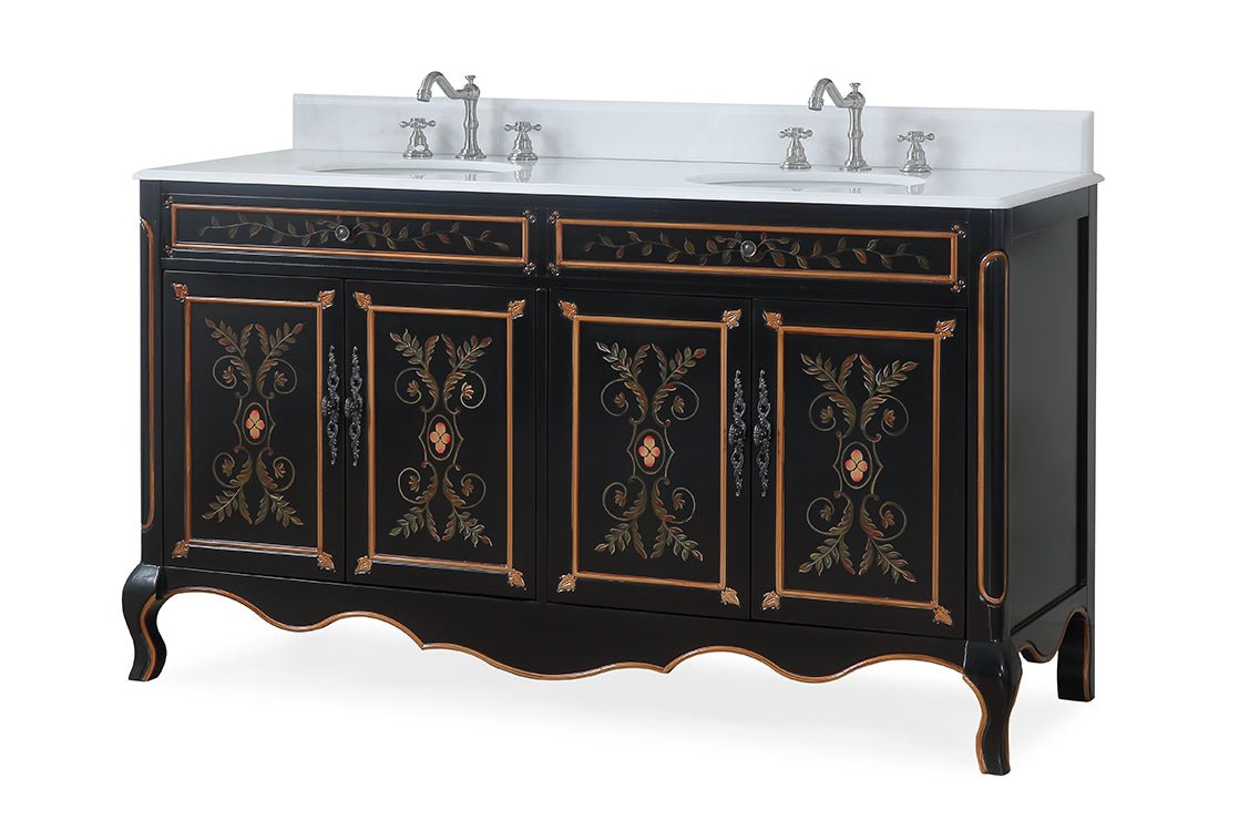Chans Furniture HF-2326D-60 60 Inch Black Hand-Painted Floral Decoroso Double Sink Bathroom Vanity