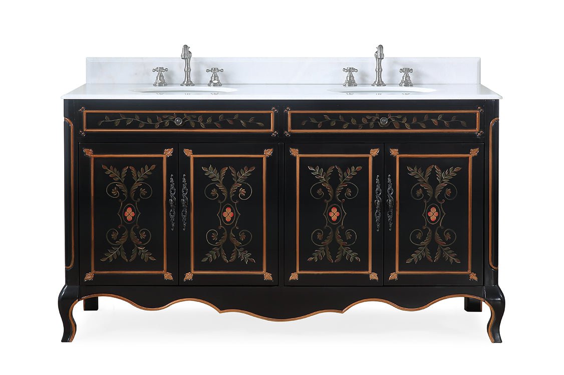 Chans Furniture HF-2326D-60 60 Inch Black Hand-Painted Floral Decoroso Double Sink Bathroom Vanity
