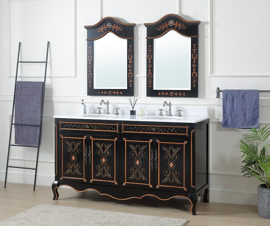 Chans Furniture HF-2326D-60 60 Inch Black Hand-Painted Floral Decoroso Double Sink Bathroom Vanity