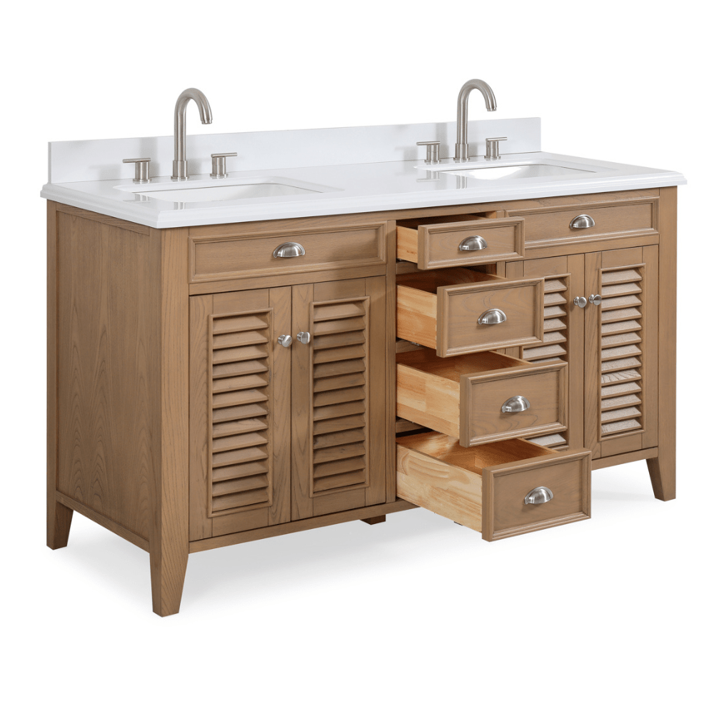 Chans Furniture GD-4028QWD-60D 60 Inch Contemporary Style Double Sink Wood Style Kalani Bathroom Vanity With White Quartz Top