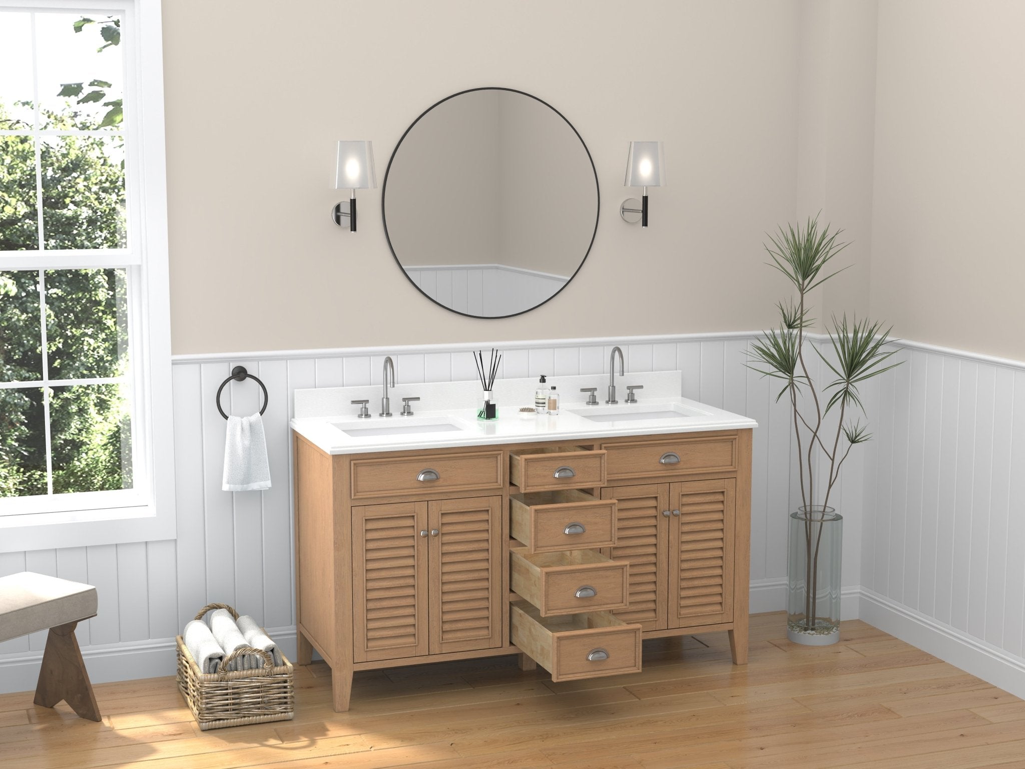 Chans Furniture GD-4028QWD-60D 60 Inch Contemporary Style Double Sink Wood Style Kalani Bathroom Vanity With White Quartz Top