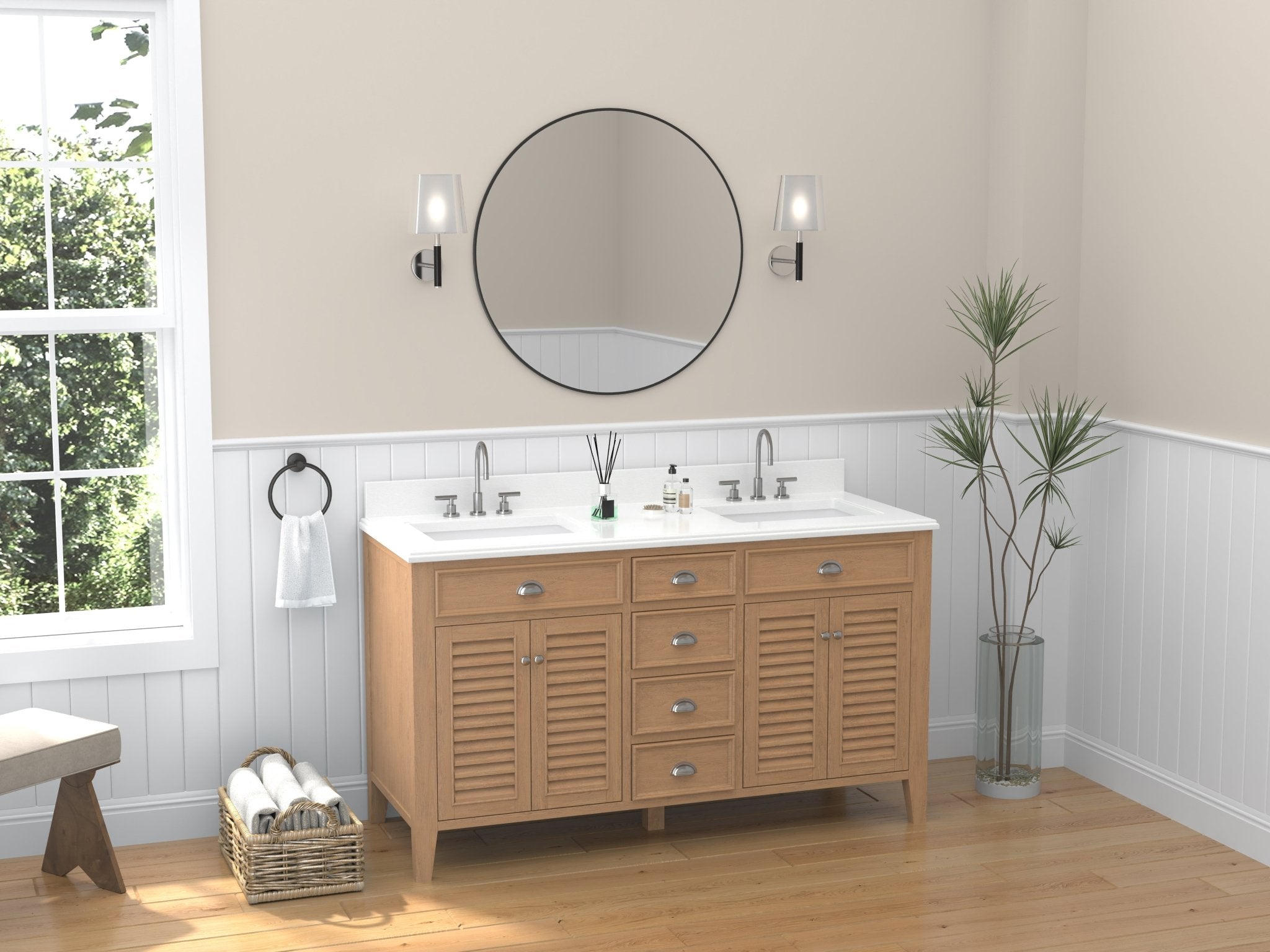 Chans Furniture GD-4028QWD-60D 60 Inch Contemporary Style Double Sink Wood Style Kalani Bathroom Vanity With White Quartz Top