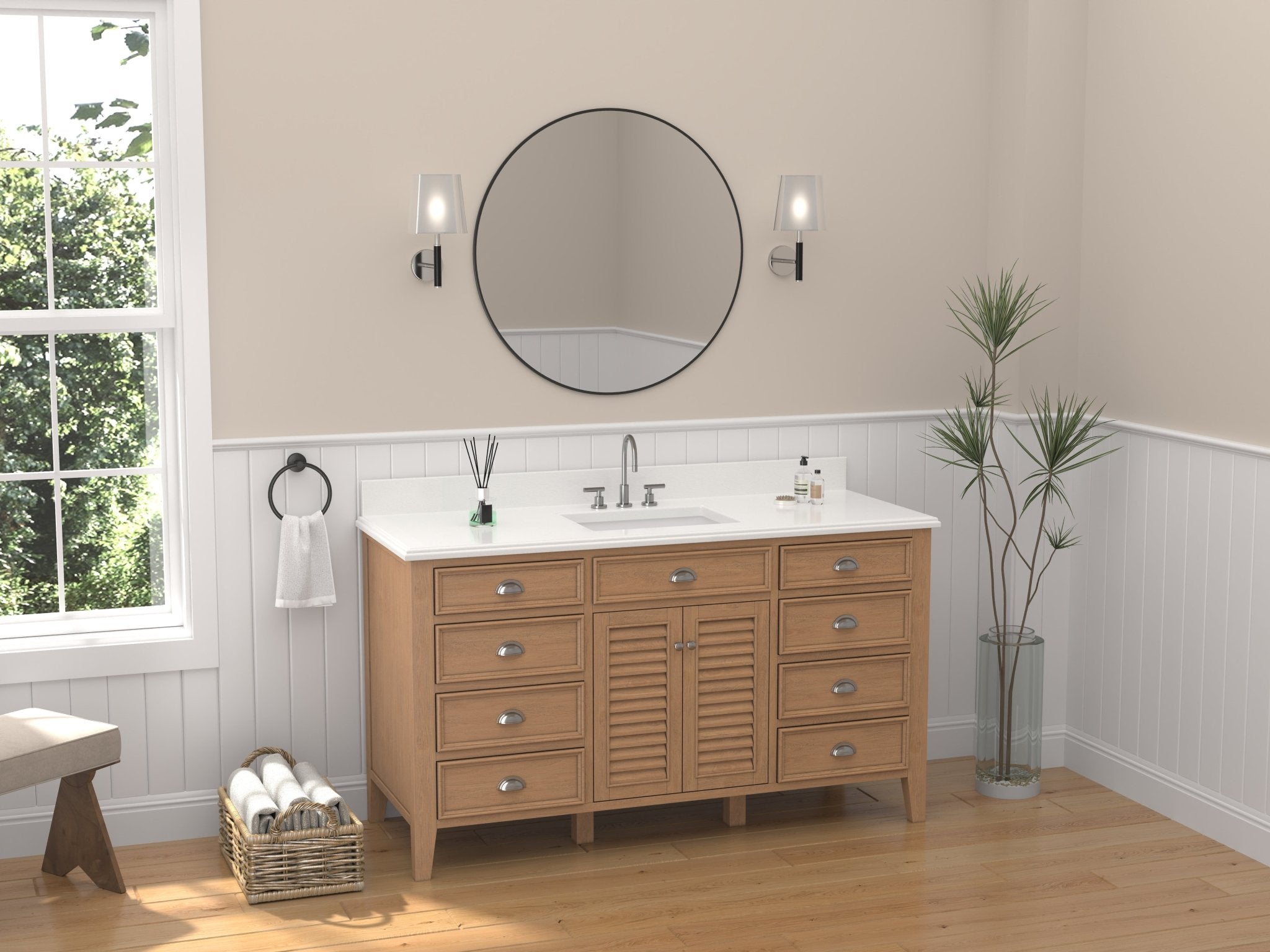 Chans Furniture GD-4028WD60S-QT 60 Inch Contemporary Style Single Sink Wood Finish Kalani Bathroom Vanity With White Quartz Top