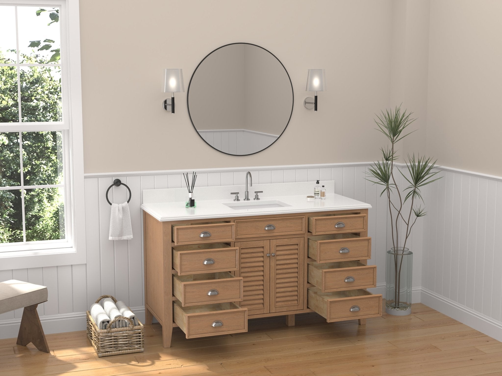 Chans Furniture GD-4028WD60S-QT 60 Inch Contemporary Style Single Sink Wood Finish Kalani Bathroom Vanity With White Quartz Top