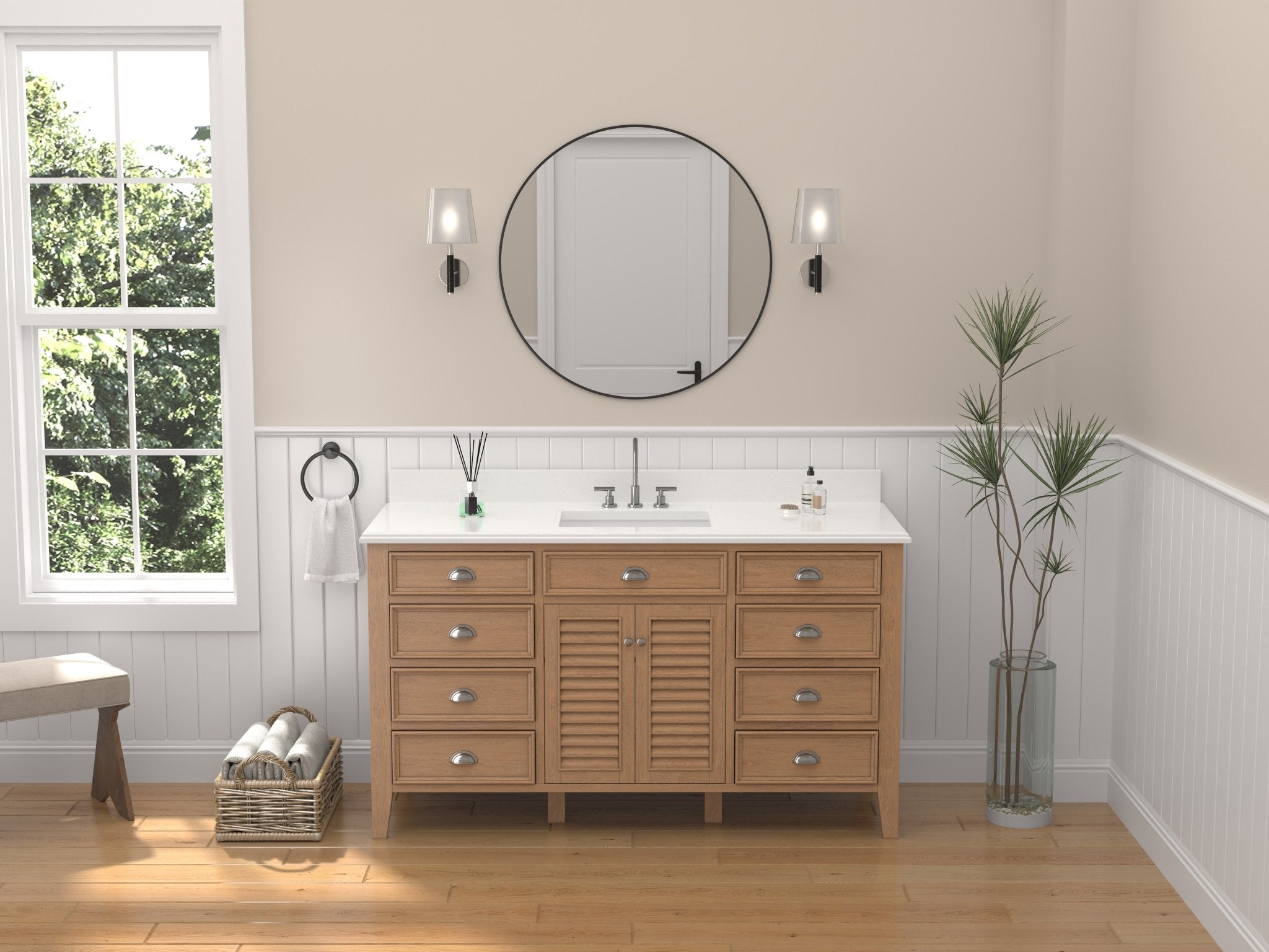 Chans Furniture GD-4028WD60S-QT 60 Inch Contemporary Style Single Sink Wood Finish Kalani Bathroom Vanity With White Quartz Top