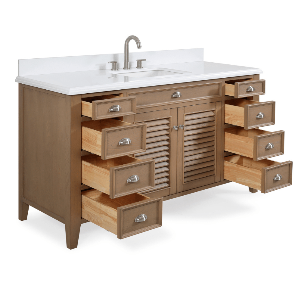 Chans Furniture GD-4028WD60S-QT 60 Inch Contemporary Style Single Sink Wood Finish Kalani Bathroom Vanity With White Quartz Top