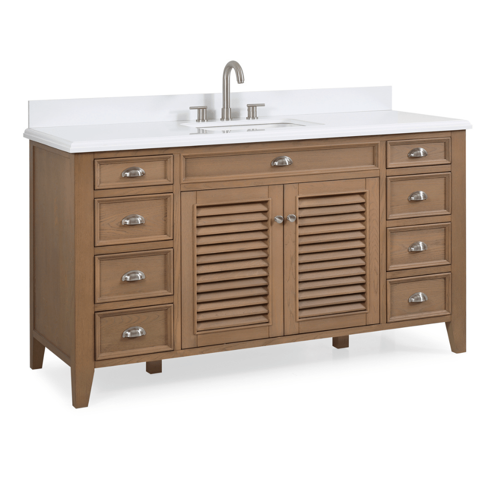 Chans Furniture GD-4028WD60S-QT 60 Inch Contemporary Style Single Sink Wood Finish Kalani Bathroom Vanity With White Quartz Top