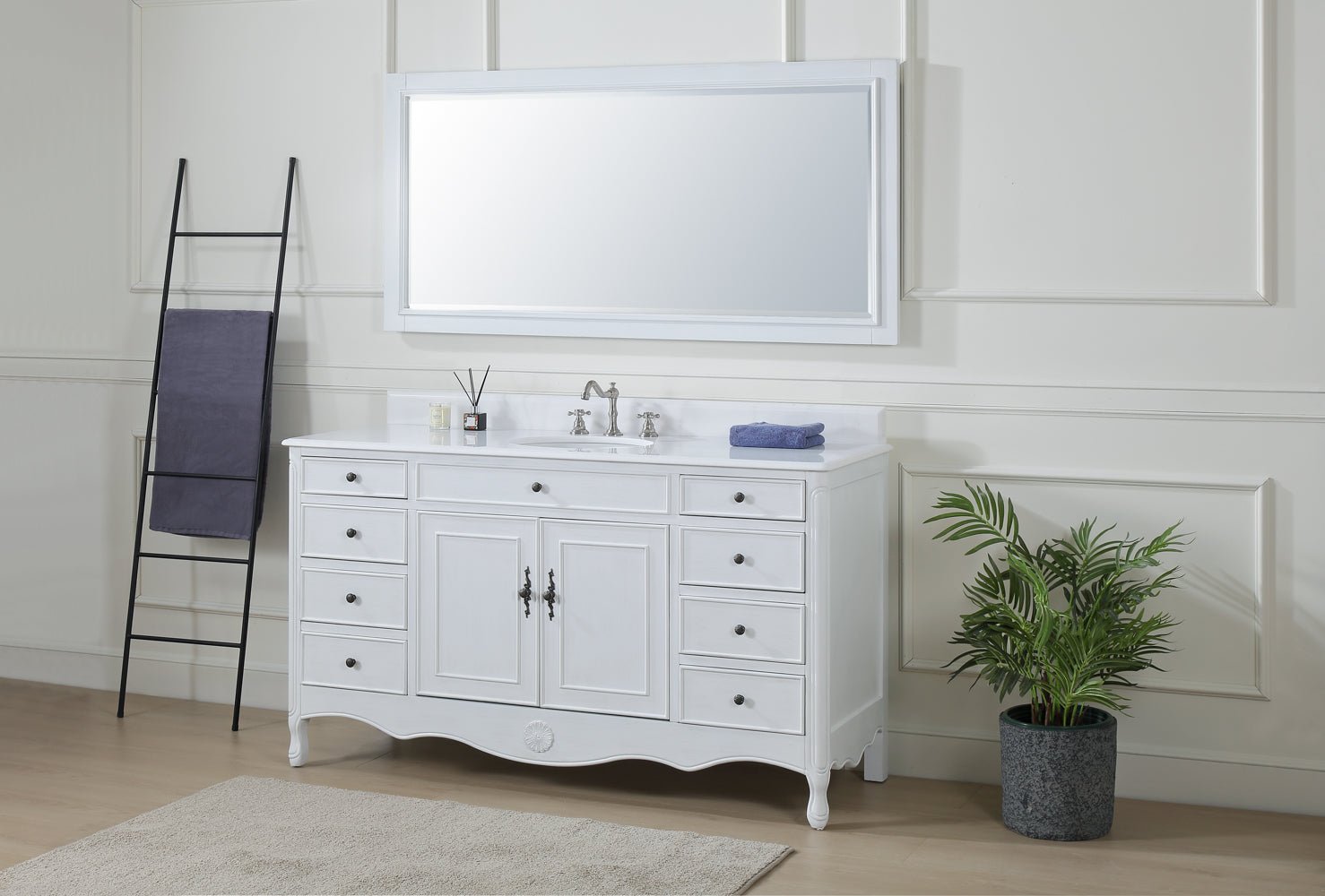 Chans Furniture HF-6081AW 60 Inch Distressed Antique White Single Sink Cottage Style Daleville Bathroom Vanity