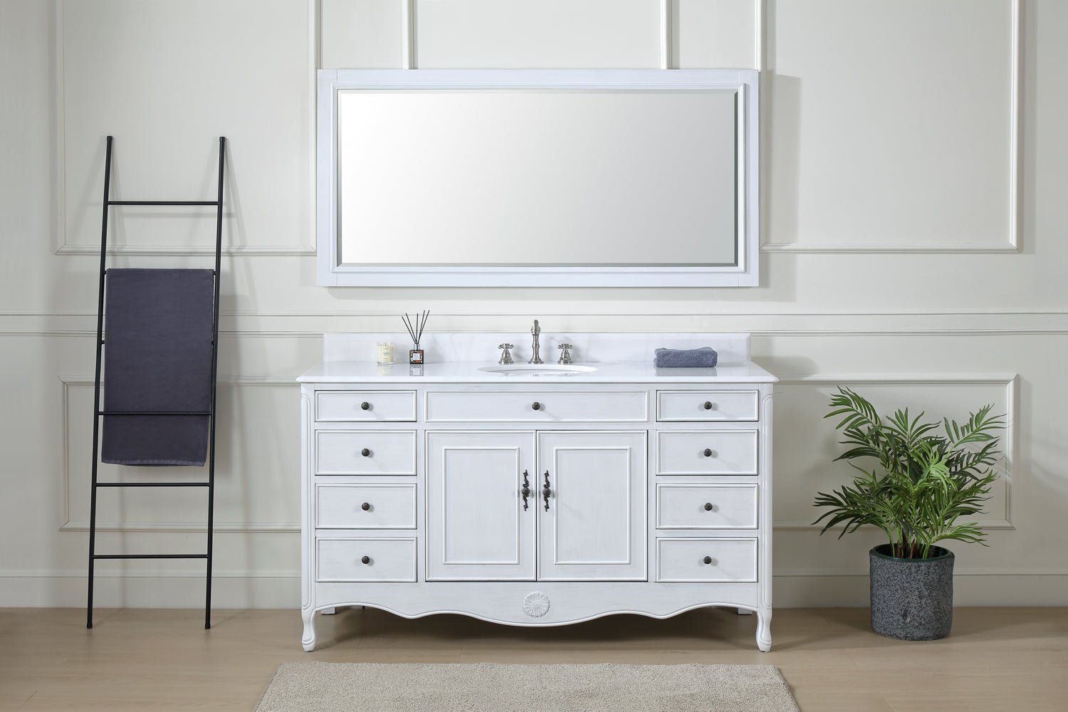 Chans Furniture HF-6081AW 60 Inch Distressed Antique White Single Sink Cottage Style Daleville Bathroom Vanity