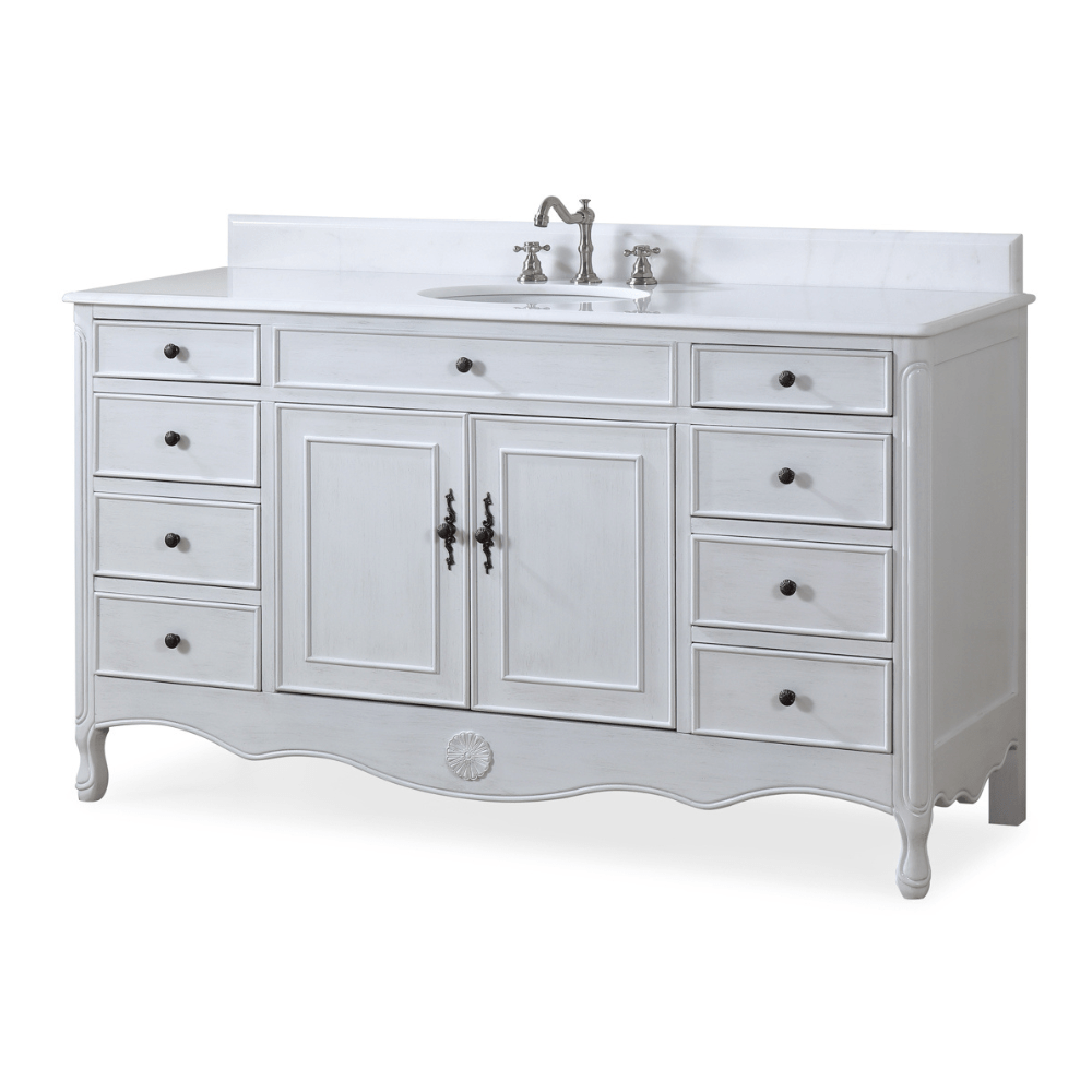 Chans Furniture HF-6081AW 60 Inch Distressed Antique White Single Sink Cottage Style Daleville Bathroom Vanity