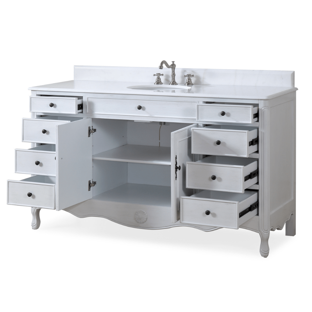 Chans Furniture HF-6081AW 60 Inch Distressed Antique White Single Sink Cottage Style Daleville Bathroom Vanity