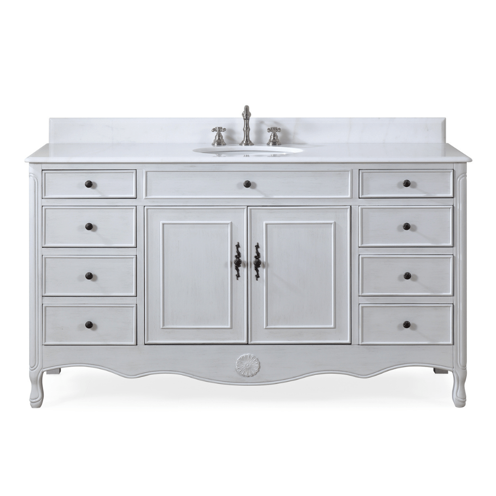 Chans Furniture HF-6081AW 60 Inch Distressed Antique White Single Sink Cottage Style Daleville Bathroom Vanity