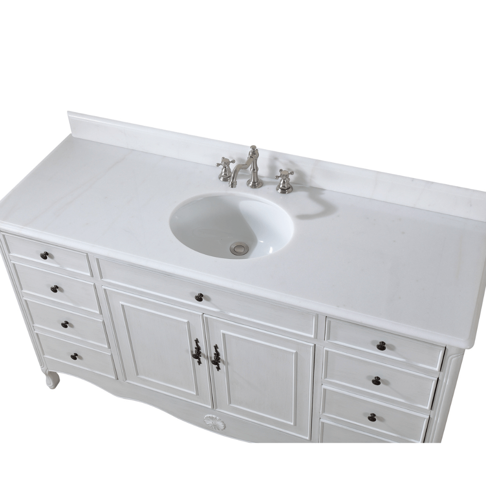 Chans Furniture HF-6081AW 60 Inch Distressed Antique White Single Sink Cottage Style Daleville Bathroom Vanity