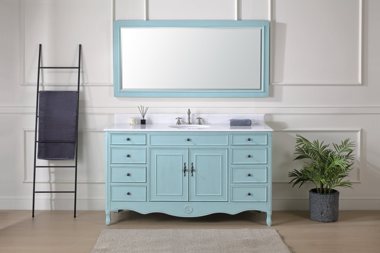 Chans Furniture HF-6081LB 60 Inch Distressed Light Blue Single Sink Cottage Style Daleville Bathroom Vanity