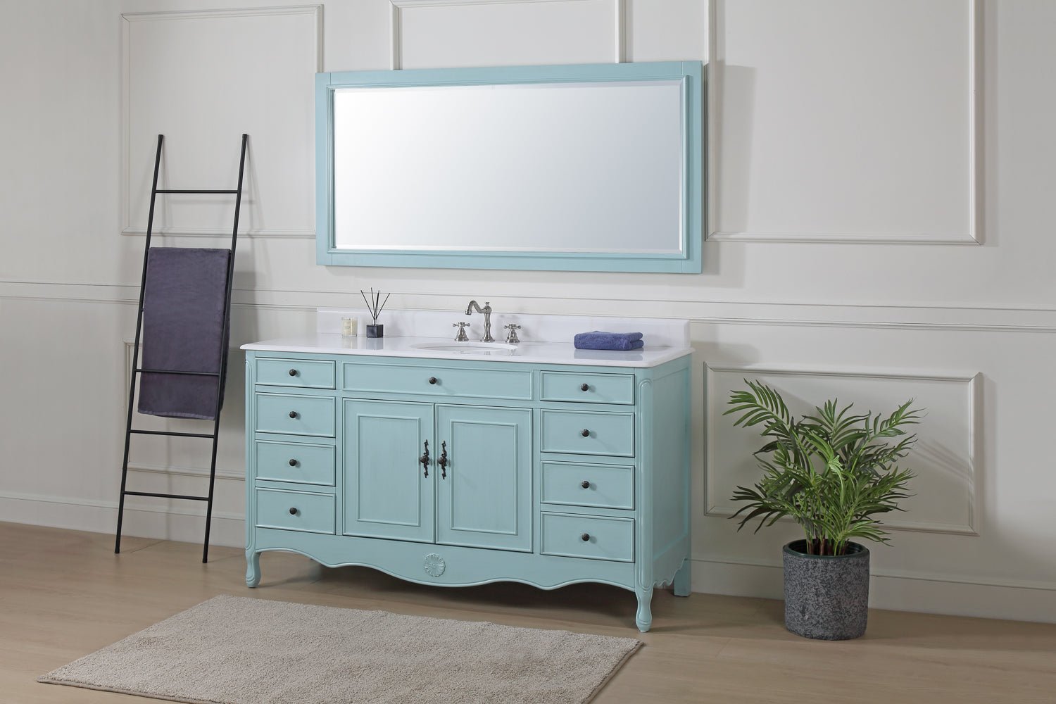 Chans Furniture HF-6081LB 60 Inch Distressed Light Blue Single Sink Cottage Style Daleville Bathroom Vanity