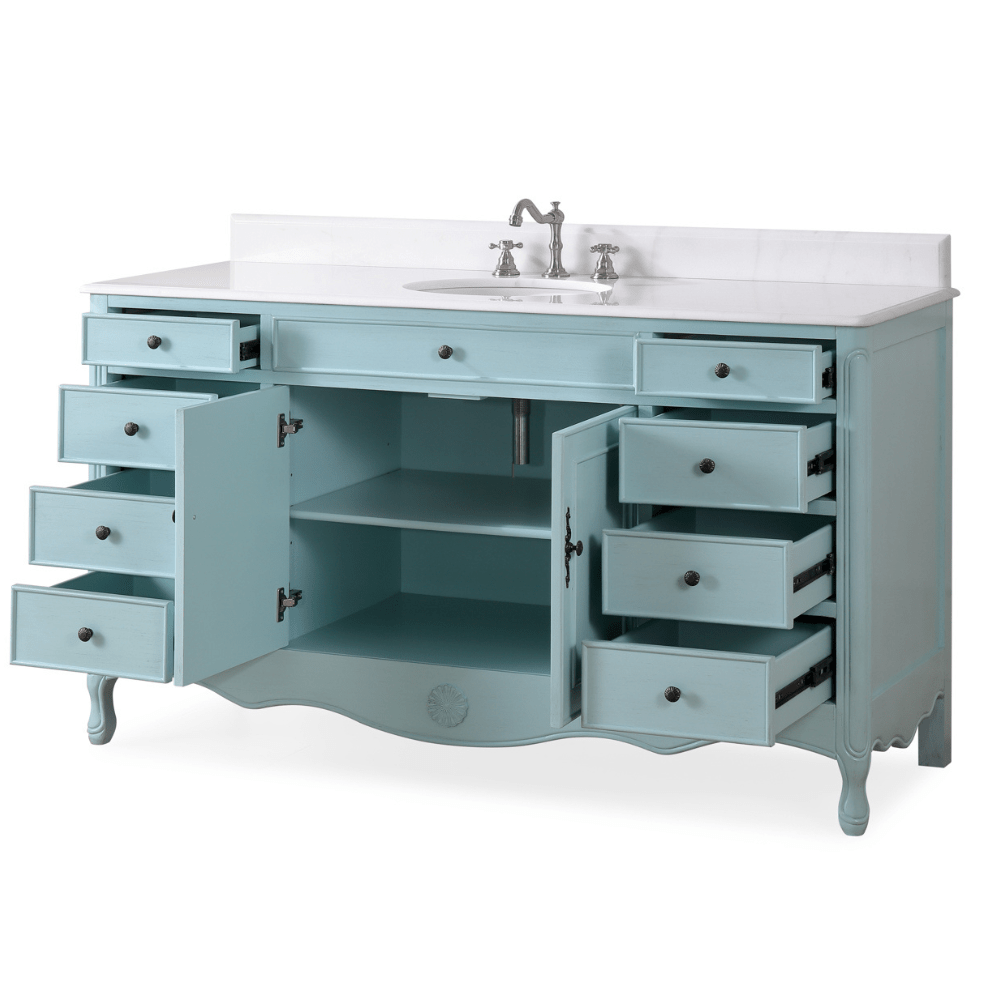Chans Furniture HF-6081LB 60 Inch Distressed Light Blue Single Sink Cottage Style Daleville Bathroom Vanity