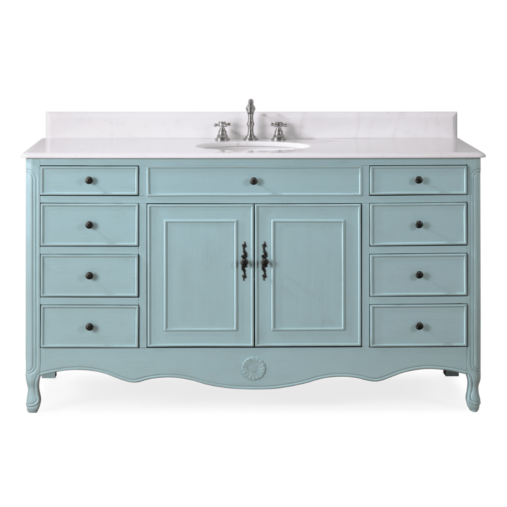 Chans Furniture HF-6081LB 60 Inch Distressed Light Blue Single Sink Cottage Style Daleville Bathroom Vanity