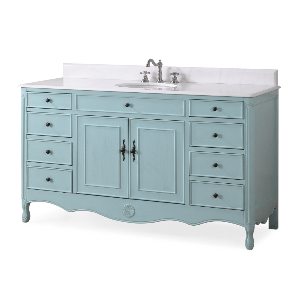 Chans Furniture HF-6081LB 60 Inch Distressed Light Blue Single Sink Cottage Style Daleville Bathroom Vanity