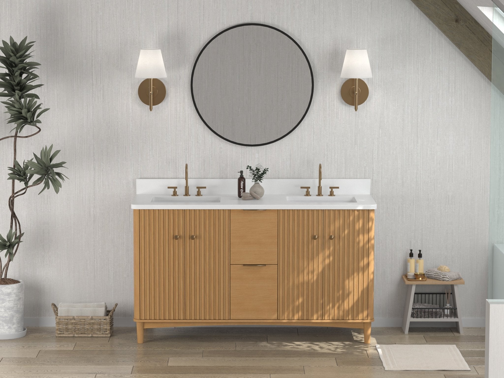 Chans Furniture GD-OE2260WD-60 60 Inch Double Sink Wood Finish Odelia Bathroom Vanity With White Quartz Top