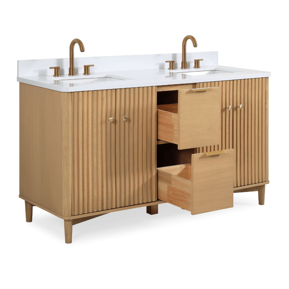 Chans Furniture GD-OE2260WD-60 60 Inch Double Sink Wood Finish Odelia Bathroom Vanity With White Quartz Top