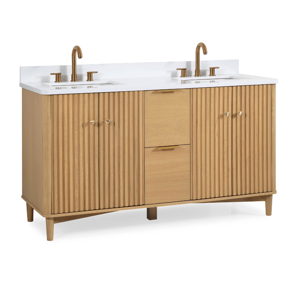 Chans Furniture GD-OE2260WD-60 60 Inch Double Sink Wood Finish Odelia Bathroom Vanity With White Quartz Top
