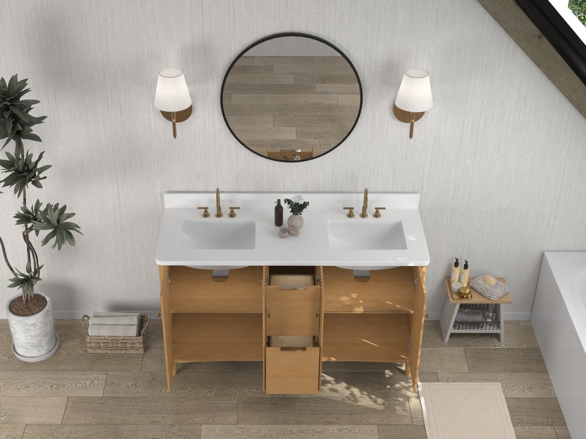 Chans Furniture GD-OE2260WD-60 60 Inch Double Sink Wood Finish Odelia Bathroom Vanity With White Quartz Top