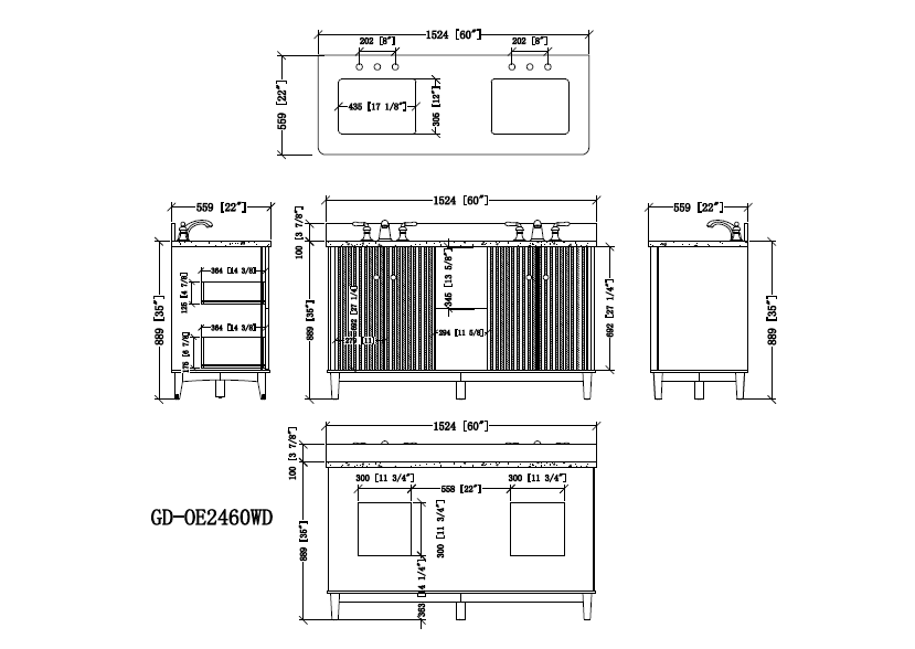 Chans Furniture GD-OE2260WD-60 60 Inch Double Sink Wood Finish Odelia Bathroom Vanity With White Quartz Top