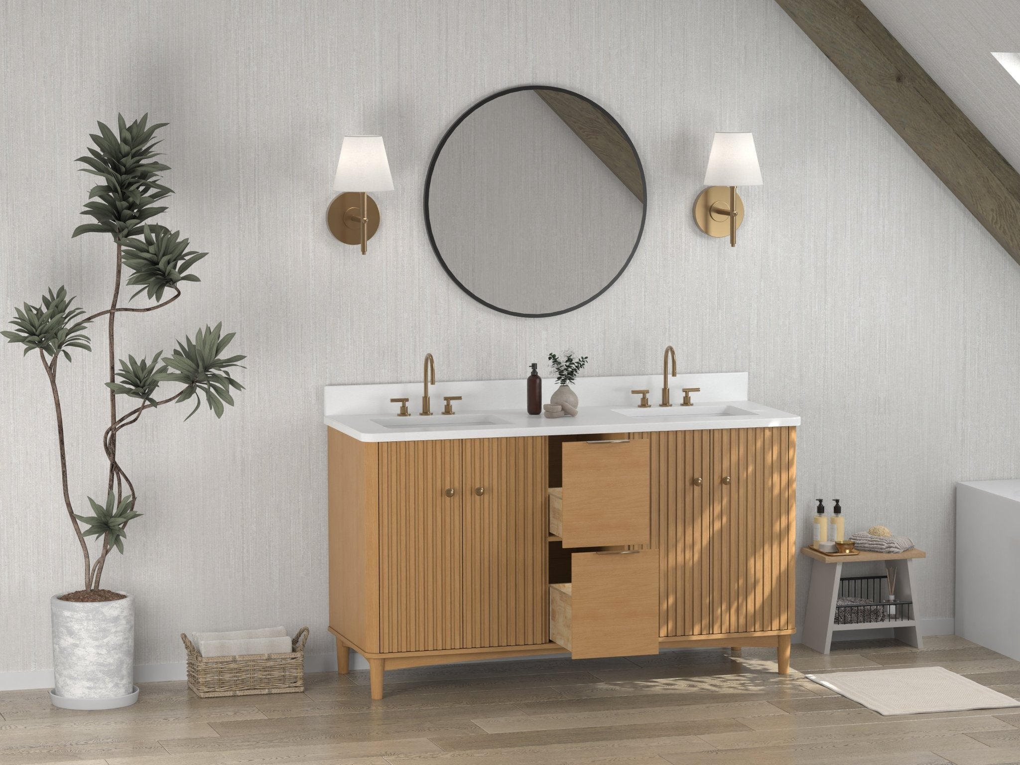 Chans Furniture GD-OE2260WD-60 60 Inch Double Sink Wood Finish Odelia Bathroom Vanity With White Quartz Top