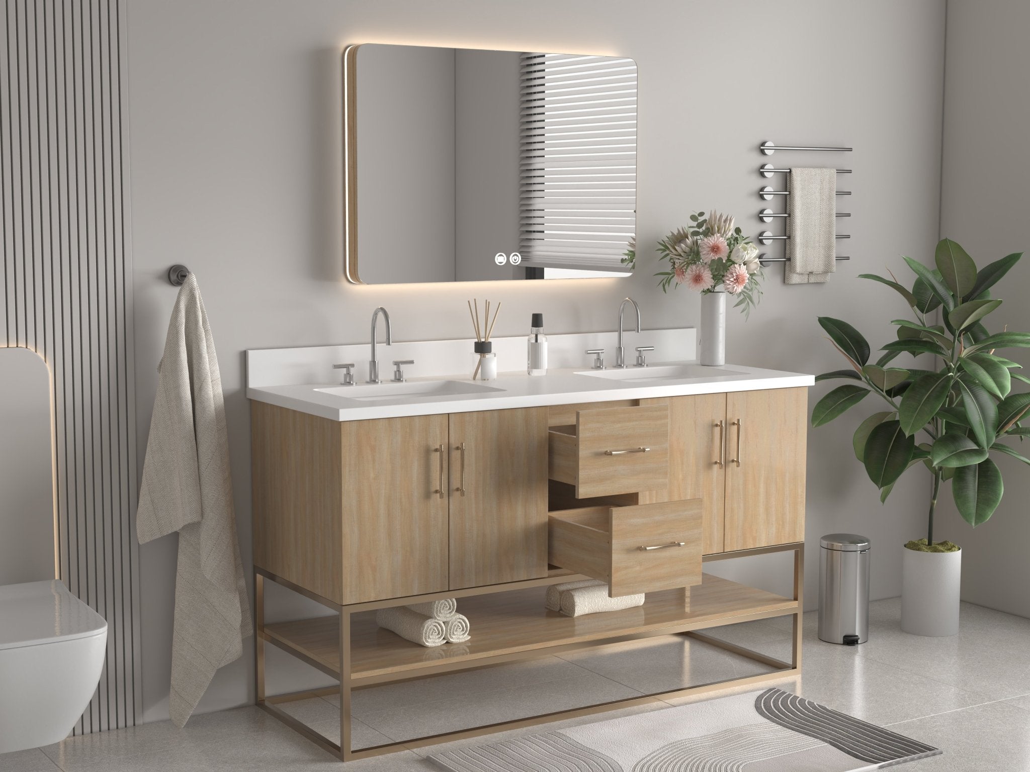 Chans Furniture GD-CZ2461-60WD 60 Inch Light Oak Lima Double Sink Bathroom Vanity With Open Shelf & Gold Leg Base
