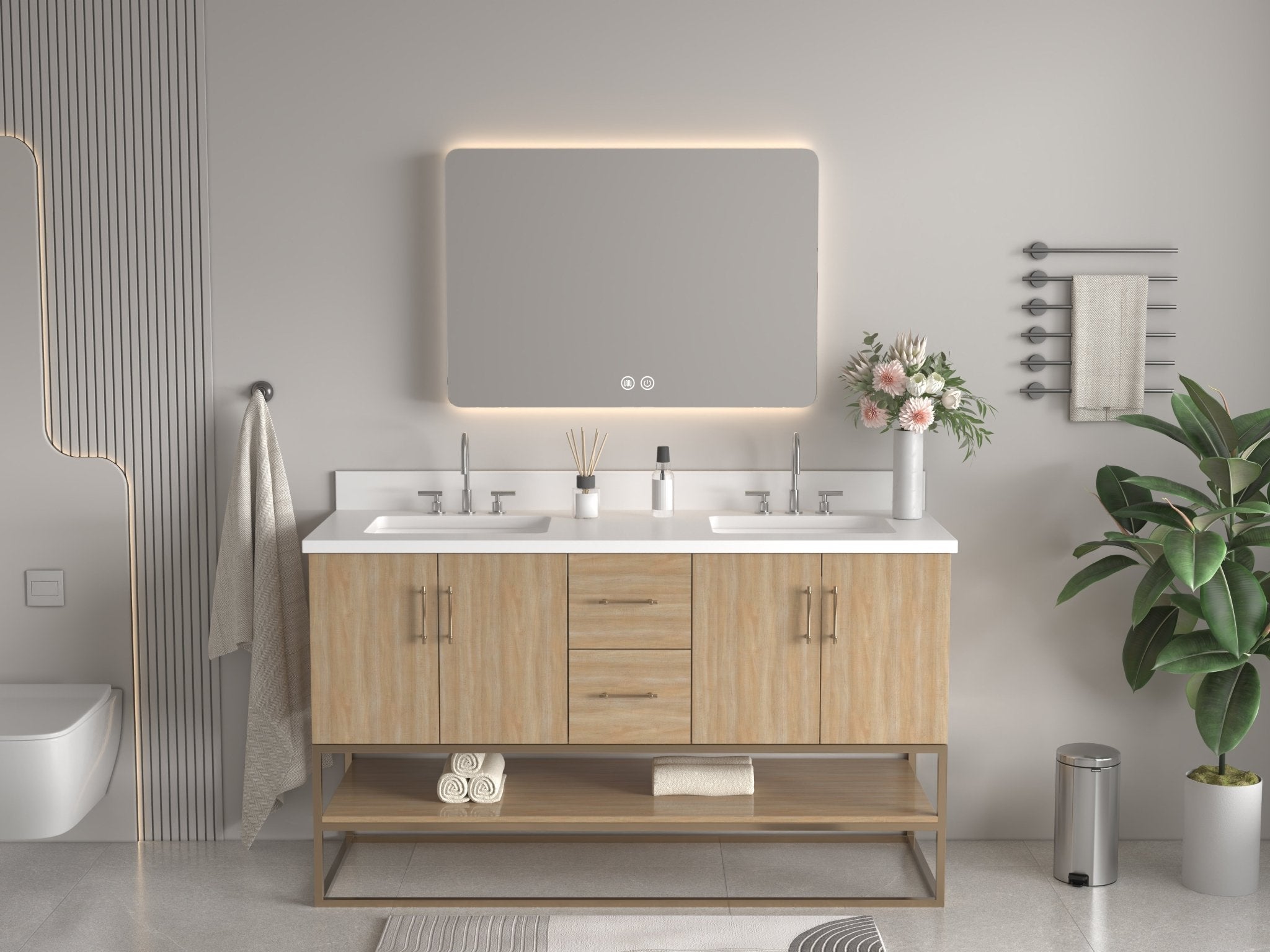 Chans Furniture GD-CZ2461-60WD 60 Inch Light Oak Lima Double Sink Bathroom Vanity With Open Shelf & Gold Leg Base