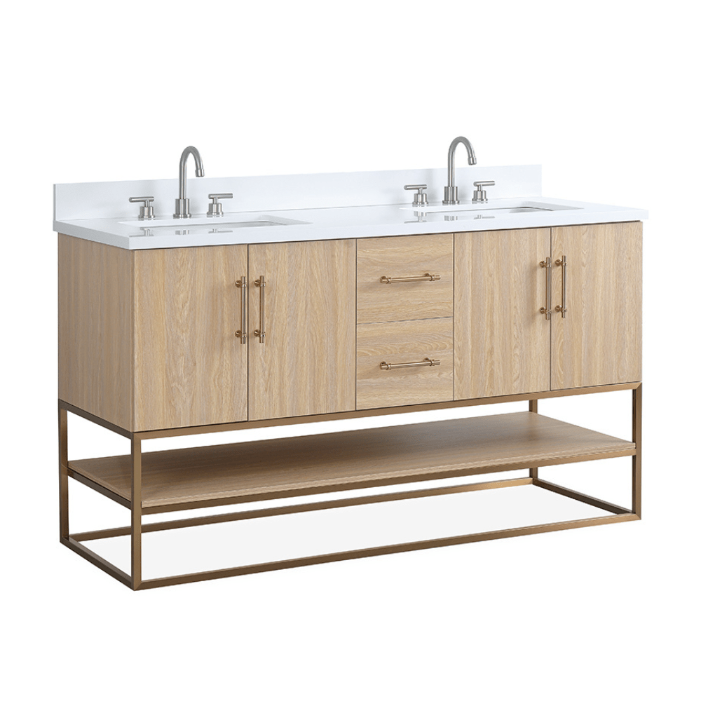 Chans Furniture GD-CZ2461-60WD 60 Inch Light Oak Lima Double Sink Bathroom Vanity With Open Shelf & Gold Leg Base