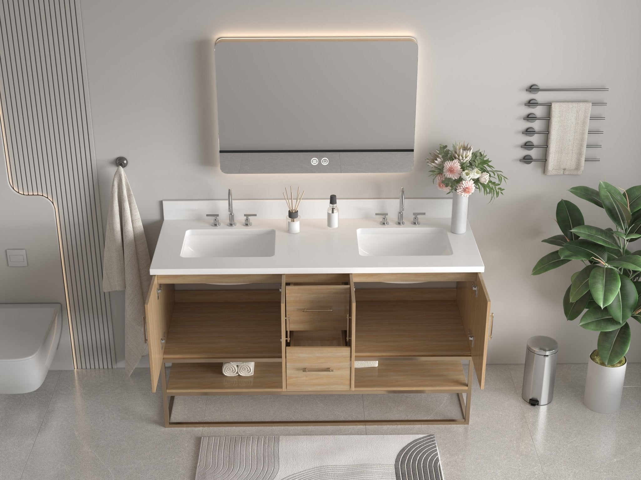 Chans Furniture GD-CZ2461-60WD 60 Inch Light Oak Lima Double Sink Bathroom Vanity With Open Shelf & Gold Leg Base