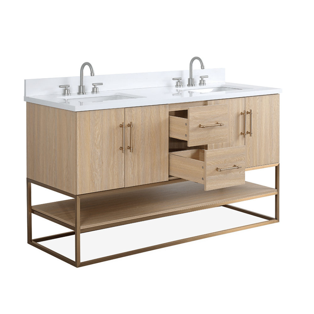 Chans Furniture GD-CZ2461-60WD 60 Inch Light Oak Lima Double Sink Bathroom Vanity With Open Shelf & Gold Leg Base