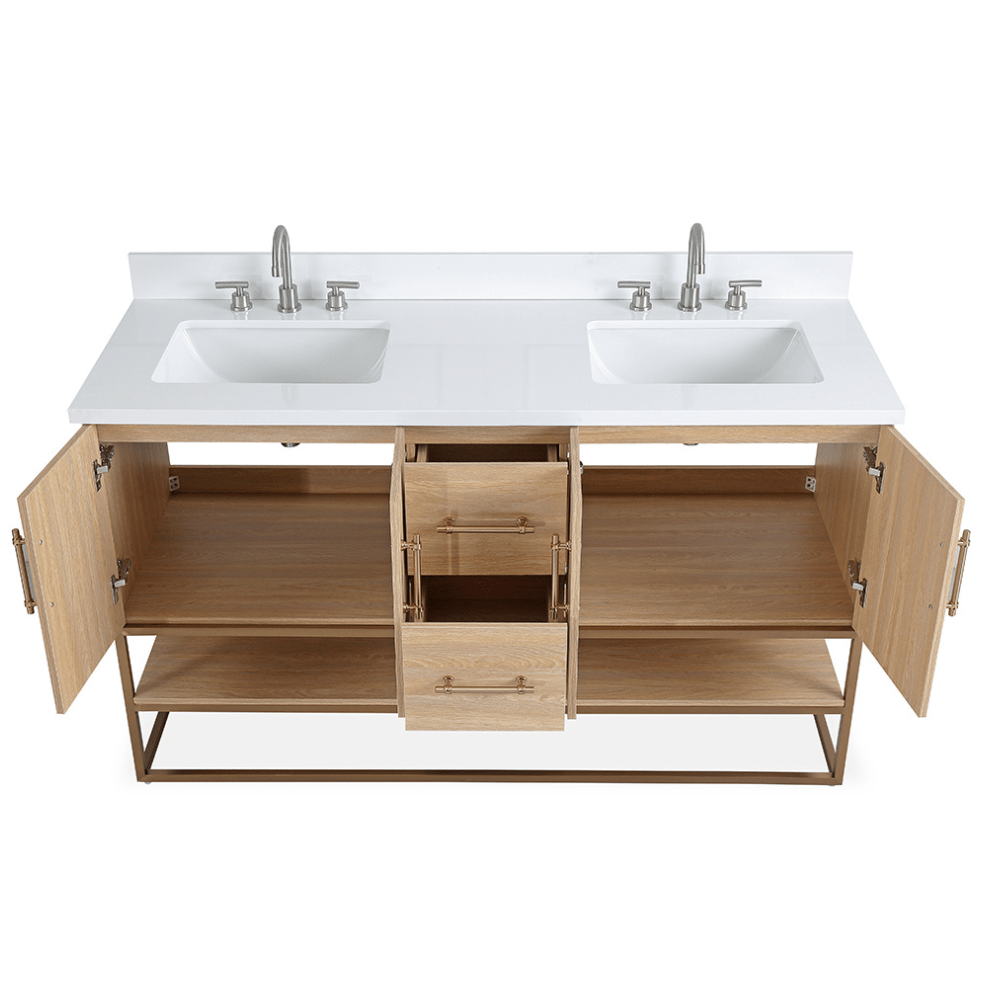 Chans Furniture GD-CZ2461-60WD 60 Inch Light Oak Lima Double Sink Bathroom Vanity With Open Shelf & Gold Leg Base