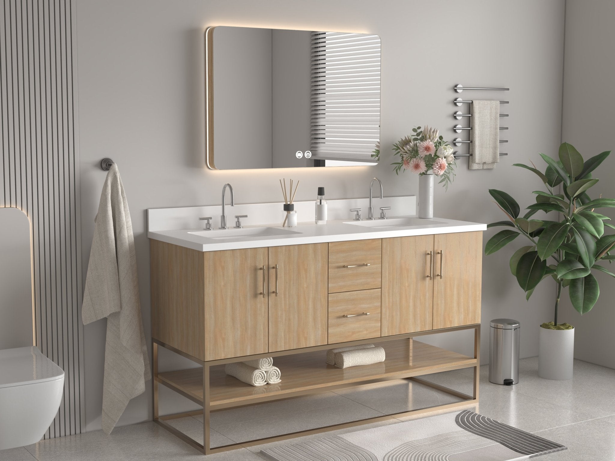 Chans Furniture GD-CZ2461-60WD 60 Inch Light Oak Lima Double Sink Bathroom Vanity With Open Shelf & Gold Leg Base