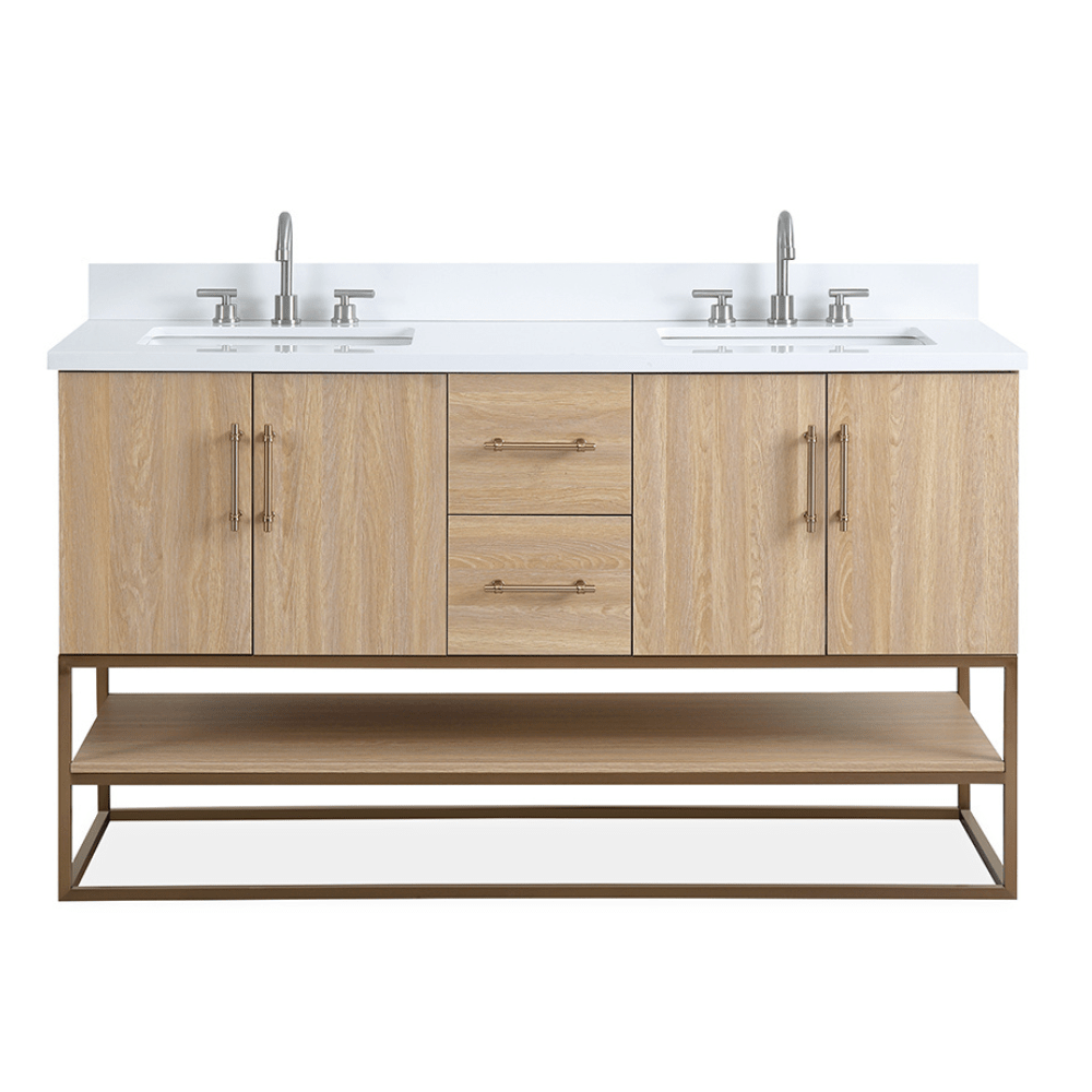 Chans Furniture GD-CZ2461-60WD 60 Inch Light Oak Lima Double Sink Bathroom Vanity With Open Shelf & Gold Leg Base