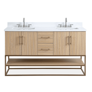 Chans Furniture GD-CZ2461-60WD 60 Inch Light Oak Lima Double Sink Bathroom Vanity With Open Shelf & Gold Leg Base