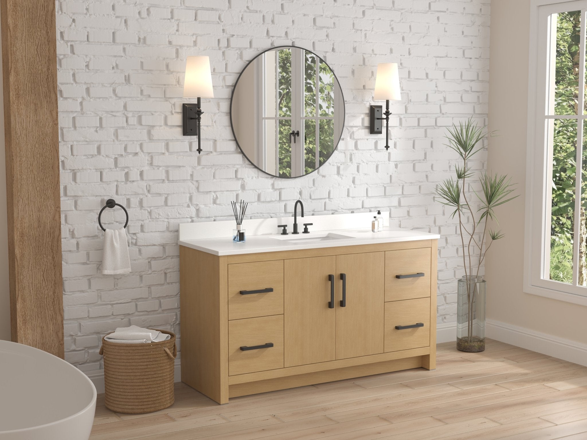 Chans Furniture VH-3320WD-60S 60 Inch Light Oak Sandi Single Sink Bathroom Vanity Toe Kick Style With White Quartz Top
