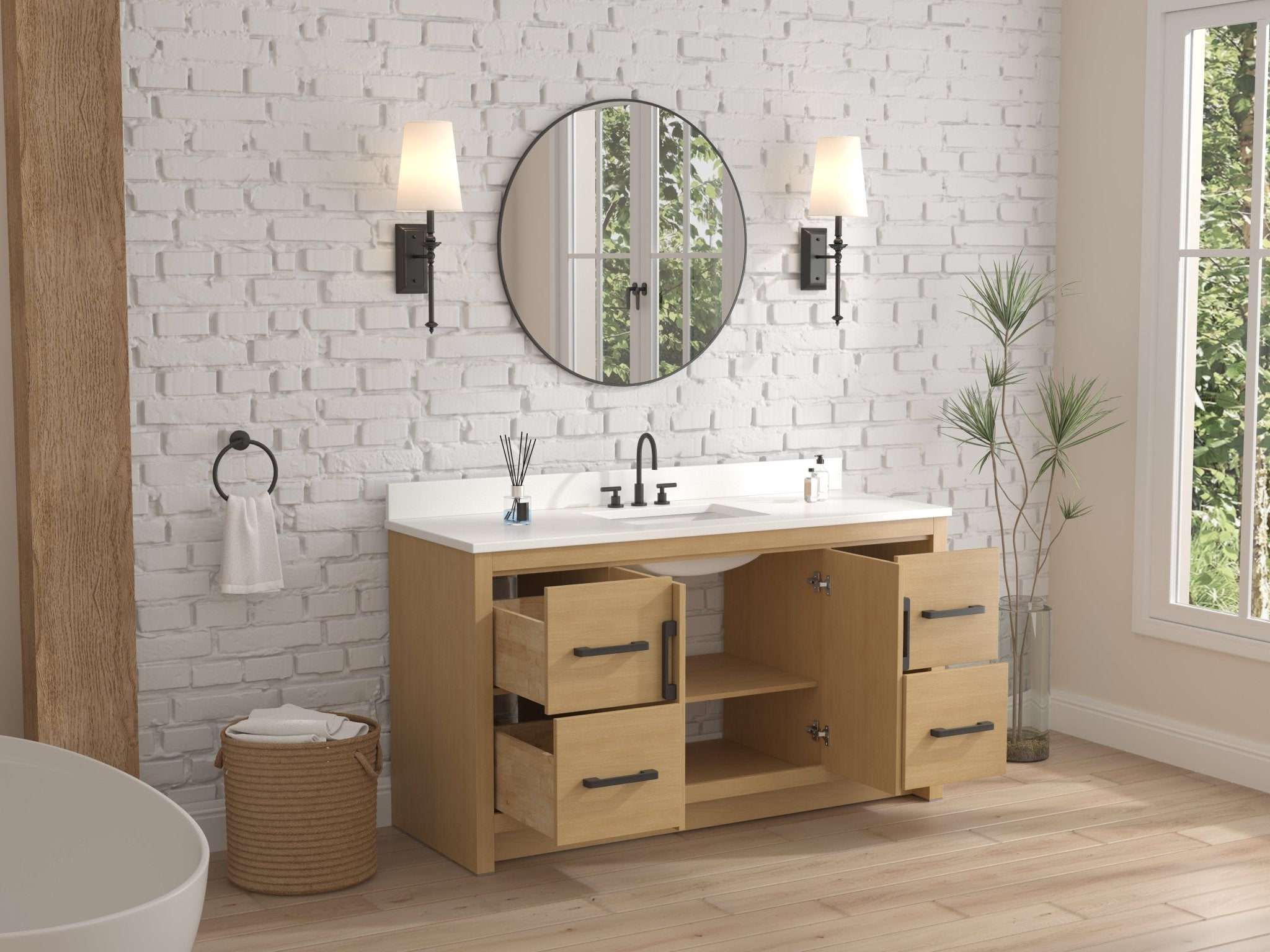 Chans Furniture VH-3320WD-60S 60 Inch Light Oak Sandi Single Sink Bathroom Vanity Toe Kick Style With White Quartz Top